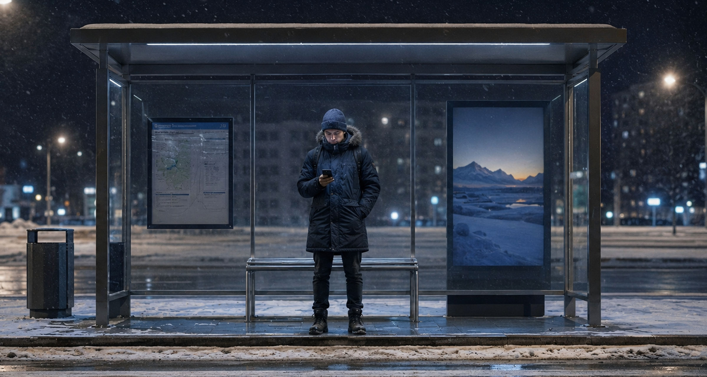 Standing at a bus stop in February